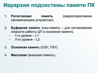 Иерархия подсистемы памяти ПК
1. Регистровая память (сверхоперативное
запоминающее устройство).
2. Буферная память (кэш-память – для согласования
скорости работы ЦП и основной памяти).
• I-го уровня – L1
• II-го уровня – L2
3. Основная память (ОЗУ, ПЗУ).
4. Массовая (внешняя память).
 