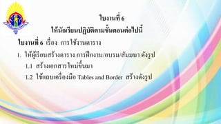 ใบงานที่ 6
• ให้นักเรียนปฏิบัติตามขั้นตอนต่อไปนี้
ใบงานที่ 6 เรื่อง การใช้งานตาราง
1. ให้ผู้เรียนสร้างตาราง การฝึกงาน/อบรม/สัมมนา ดังรูป
1.1 สร้างเอกสารใหม่ขึ้นมา
1.2 ใช้แถบเครื่องมือ Tables and Border สร้างดังรูป
 