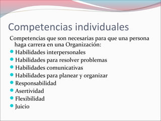 Competencias individuales
Competencias que son necesarias para que una persona
haga carrera en una Organización:
Habilidades interpersonales
Habilidades para resolver problemas
Habilidades comunicativas
Habilidades para planear y organizar
Responsabilidad
Asertividad
Flexibilidad
Juicio
 