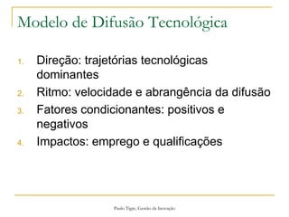 Paulo Tigre, Gestão da Inovação
Modelo de Difusão Tecnológica
1. Direção: trajetórias tecnológicas
dominantes
2. Ritmo: velocidade e abrangência da difusão
3. Fatores condicionantes: positivos e
negativos
4. Impactos: emprego e qualificações
 