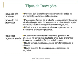 Paulo Tigre, Gestão da Inovação
Tipos de Inovações
Inovação em
produtos
 Produtos que diferem significativamente de todos os
previamente produzidos pela empresa.
Inovação em
processos
 Processos e formas de produção tecnologicamente novas
introduzidos por meio de máquinas e equipamentos, layout
otimizado, sistemas integrados de informação, etc.
 Métodos novos ou substancialmente aprimorados de
manuseio e entrega de produtos.
Inovações
organizacionais
 Mudanças que ocorrem na estrutura gerencial da
empresa, na forma de articulação entre suas diferentes
áreas e na especialização dos trabalhadores.
 Novas formas de relacionamento com fornecedores e
clientes.
 Novas técnicas de organização dos processos de
negócios.
 