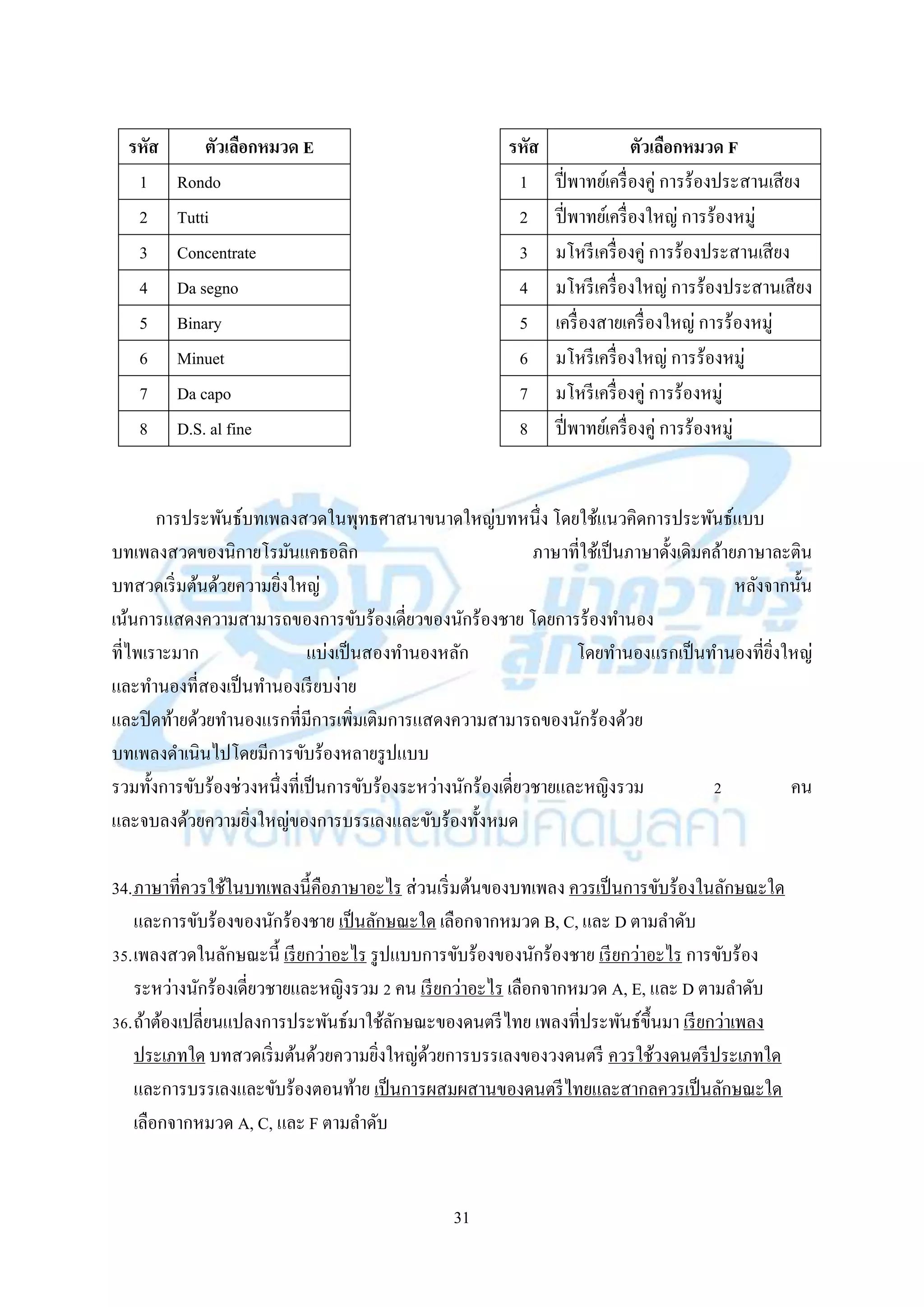 31
กำรประพันธ์บทเพลงสวดในพุทธศำสนำขนำดใหญ่บทหนึ่ง โดยใช้แนวคิดกำรประพันธ์แบบ
บทเพลงสวดของนิกำยโรมันแคธอลิก ภำษำที่ใช้เป็นภำษำดั้งเดิมคล้ำยภำษำละติน
บทสวดเริ่มต้นด้วยควำมยิ่งใหญ่ หลังจำกนั้น
เน้นกำรแสดงควำมสำมำรถของกำรขับร้องเดี่ยวของนักร้องชำย โดยกำรร้องทำนอง
ที่ไพเรำะมำก แบ่งเป็นสองทำนองหลัก โดยทำนองแรกเป็นทำนองที่ยิ่งใหญ่
และทำนองที่สองเป็นทำนองเรียบง่ำย
และปิดท้ำยด้วยทำนองแรกที่มีกำรเพิ่มเติมกำรแสดงควำมสำมำรถของนักร้องด้วย
บทเพลงดำเนินไปโดยมีกำรขับร้องหลำยรูปแบบ
รวมทั้งกำรขับร้องช่วงหนึ่งที่เป็นกำรขับร้องระหว่ำงนักร้องเดี่ยวชำยและหญิงรวม 2 คน
และจบลงด้วยควำมยิ่งใหญ่ของกำรบรรเลงและขับร้องทั้งหมด
34.ภำษำที่ควรใช้ในบทเพลงนี้คือภำษำอะไร ส่วนเริ่มต้นของบทเพลง ควรเป็นกำรขับร้องในลักษณะใด
และกำรขับร้องของนักร้องชำย เป็นลักษณะใด เลือกจำกหมวด B, C, และ D ตำมลำดับ
35.เพลงสวดในลักษณะนี้ เรียกว่ำอะไร รูปแบบกำรขับร้องของนักร้องชำย เรียกว่ำอะไร กำรขับร้อง
ระหว่ำงนักร้องเดี่ยวชำยและหญิงรวม 2 คน เรียกว่ำอะไร เลือกจำกหมวด A, E, และ D ตำมลำดับ
36.ถ้ำต้องเปลี่ยนแปลงกำรประพันธ์มำใช้ลักษณะของดนตรีไทย เพลงที่ประพันธ์ขึ้นมำ เรียกว่ำเพลง
ประเภทใด บทสวดเริ่มต้นด้วยควำมยิ่งใหญ่ด้วยกำรบรรเลงของวงดนตรี ควรใช้วงดนตรีประเภทใด
และกำรบรรเลงและขับร้องตอนท้ำย เป็นกำรผสมผสำนของดนตรีไทยและสำกลควรเป็นลักษณะใด
เลือกจำกหมวด A, C, และ F ตำมลำดับ
รหัส ตัวเลือกหมวด F
1 ปี่พำทย์เครื่องคู่ กำรร้องประสำนเสียง
2 ปี่พำทย์เครื่องใหญ่ กำรร้องหมู่
3 มโหรีเครื่องคู่ กำรร้องประสำนเสียง
4 มโหรีเครื่องใหญ่ กำรร้องประสำนเสียง
5 เครื่องสำยเครื่องใหญ่ กำรร้องหมู่
6 มโหรีเครื่องใหญ่ กำรร้องหมู่
7 มโหรีเครื่องคู่ กำรร้องหมู่
8 ปี่พำทย์เครื่องคู่ กำรร้องหมู่
รหัส ตัวเลือกหมวด E
1 Rondo
2 Tutti
3 Concentrate
4 Da segno
5 Binary
6 Minuet
7 Da capo
8 D.S. al fine
 