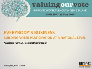 EVERYBODY’S BUSINESS
BUILDING VOTER PARTICIPATION AT A NATIONAL LEVEL
Anastasia Turnbull, Electoral Commission
Wellington, New Zealand
 