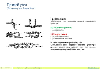 Прямой узел
(Гераклов узел, Square Knot)
2013/2014 Спортивный клуб альпинистов «Восхождение»11 http://climb-club.ru
Применение:
Используется для связывания веревок одинакового
диаметра.
(+) Преимущества:
• легко вяжется.
(-) Недостатки:
• сильно затягивается;
• развязывается, «ползет».
(!) Необходимы контрольные узлы.
Связывание двух веревок разного диаметра
данным узлом запрещается, так как тонкая
веревка под нагрузкой рвет толстую.
 