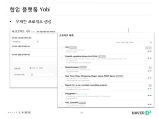 24
협업 플랫폼 Yobi
• 무제한 프로젝트 생성
 