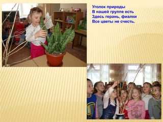 Уголок природы
В нашей группе есть
Здесь герань, фиалки
Все цветы не счесть.
 