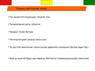Онооны карт/түүнийг хянах
Гол эрсдэлтэй асуудлуудыг хөндсөн эсэх
Төлөвлөгөөний дагуу гүйцэтгэх
Зардлыг төсөвт багтаах
Үйлчлүүлэгчдийн саналыг авсан эсэх
Үр дүн (Үйл ажиллагааг гүйцэтгэснээр удирдлага үнэлэгдэнэ/ Дотоод Аудит бус)
Бага үр ашигтай буруу арга барилыг бий болгогч хэмжигдэхүүнүүдээс зайлсхийх
 