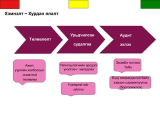 Хэмнэлт ~ Хурдан ялалт
Төлөвлөлт
Ажил
үүргийн холбоосыг
оновчтой
төлөвлөх
Үйлчлүүлэгчийн эрсдэл/
үнэлгээ-г магадлах
Үнэ/өртөг-ийг
ойлгох
Эрэмбэ тогтоох
ToRs
Бүгд хамрагдахгүй байх
хэмээн сэрэмжлүүлэх
(болгоомжлох)
Урьдчилсан
судалгаа
Аудит
эхлэх
 