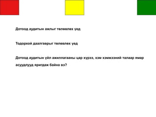Дотоод аудитын ажлыг төлөвлөх үед
Тодорхой даалгаврыг төлөвлөх үед
Дотоод аудитын үйл ажиллагааны цар хүрээ, хэм хэмжээний талаар ямар
асуудлууд яригдаж байна вэ?
 