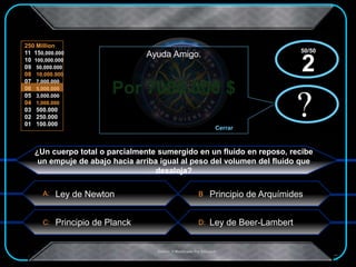 A:
C: D:
B
250 Million
11 150,000.000
10 100,000.000
09 50,000.000
08 10,000.000
07 7,000.000
06 5,000.000
05 3,000.000
04 1,000.000
03 500.000
02 250.000
01 100.000
.Creado Y Modificado Por Educastk
Principio de Arquímides
Por 7000.000 $
?
Ayuda Amigo.
Cerrar
x?
x
¿Un cuerpo total o parcialmente sumergido en un fluido en reposo, recibe
un empuje de abajo hacia arriba igual al peso del volumen del fluido que
desaloja?
Ley de Newton
Principio de Planck Ley de Beer-Lambert
50/50
2
 