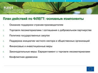 План действий по ФЛЕГТПлан действий по ФЛЕГТ:: основные компонентыосновные компоненты
1. Оказание поддержки странам-производителям
2. Торговля лесоматериалами / соглашения о добровольном партнерстве
3. Политика государственных закупок
4. Поддержка инициатив частного сектора и общественных организаций
5. Финансовые и инвестиционные меры
6. Законодательные меры: Еврорегламент о торговле лесоматериалами
7. Конфликтная древесина
 
