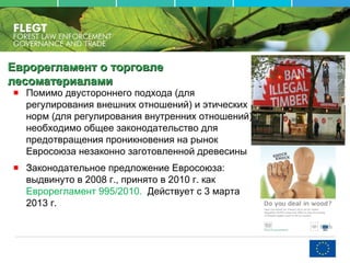 Еврорегламент о торговлеЕврорегламент о торговле
лесоматериаламилесоматериалами
Помимо двустороннего подхода (для
регулирования внешних отношений) и этических
норм (для регулирования внутренних отношений),
необходимо общее законодательство для
предотвращения проникновения на рынок
Евросоюза незаконно заготовленной древесины
Законодательное предложение Евросоюза:
выдвинуто в 2008 г., принято в 2010 г. как
Еврорегламент 995/2010. Действует с 3 марта
2013 г.
 