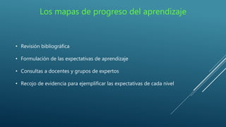 Los mapas de progreso del aprendizaje
• Revisión bibliográfica
• Formulación de las expectativas de aprendizaje
• Consultas a docentes y grupos de expertos
• Recojo de evidencia para ejemplificar las expectativas de cada nivel
 