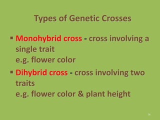 32
Types of Genetic Crosses
 Monohybrid cross - cross involving a
single trait
e.g. flower color
 Dihybrid cross - cross involving two
traits
e.g. flower color & plant height
 