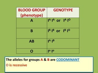 BLOOD GROUP
(phenotype)
GENOTYPE
A IA IA or IA IO
B IB IB or IB IO
AB IA IB
O Io Io
The alleles for groups A & B are CODOMINANT
O is recessive
 