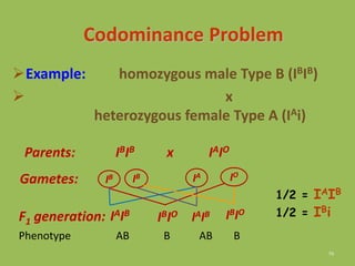 70
Codominance Problem
Example: homozygous male Type B (IBIB)
 x
heterozygous female Type A (IAi)
1/2 = IAIB
1/2 = IBi
Parents: IBIB x IAIO
Gametes: IB
F1 generation:
IB IA IO
IBIOIAIB IBIO
IAIB
Phenotype AB B AB B
 