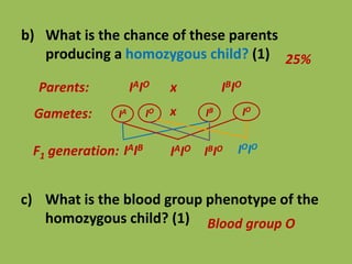 b) What is the chance of these parents
producing a homozygous child? (1)
Parents: IAIO x IBIO
Gametes: IA
F1 generation:
xIO IB IO
IAIOIAIB IOIO
IBIO
25%
c) What is the blood group phenotype of the
homozygous child? (1) Blood group O
 