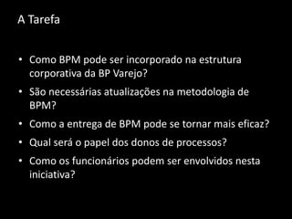 • Como BPM pode ser incorporado na estrutura
corporativa da BP Varejo?
• São necessárias atualizações na metodologia de
BPM?
• Como a entrega de BPM pode se tornar mais eficaz?
• Qual será o papel dos donos de processos?
• Como os funcionários podem ser envolvidos nesta
iniciativa?
A Tarefa
 