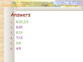 Answers 
1. 8/25,2/5 
2. 0.03 
3. 0.31 
4. 7/13 
5. 5/9 
6. 4/9 
 