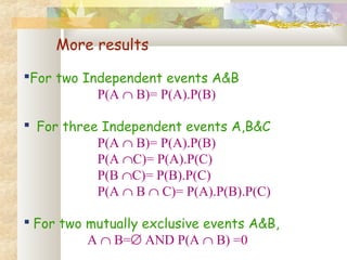 More results 
For two Independent events A&B 
P(A Ç B)= P(A).P(B) 
 For three Independent events A,B&C 
P(A Ç B)= P(A).P(B) 
P(A ÇC)= P(A).P(C) 
P(B ÇC)= P(B).P(C) 
P(A Ç B Ç C)= P(A).P(B).P(C) 
 For two mutually exclusive events A&B, 
A Ç B=Æ AND P(A Ç B) =0 
 