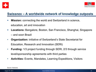 Swissnex – A worldwide network of knowledge outposts 
§ Locations: Bangalore, Boston, San Francisco, Shanghai, Singapore ...