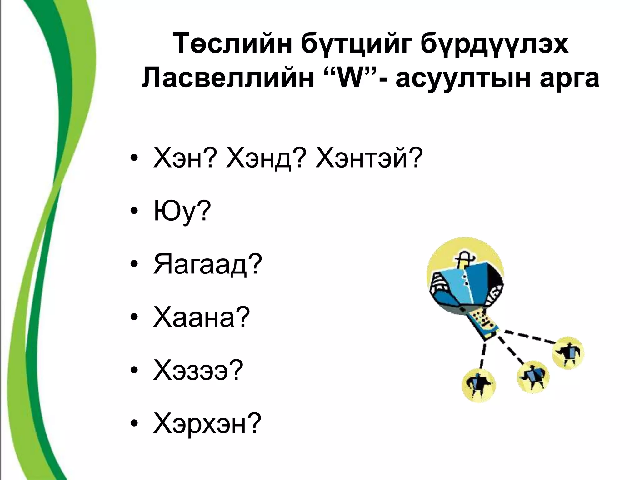 Төслийн бүтцийг бүрдүүлэх 
Ласвеллийн “W”- асуултын арга 
• Хэн? Хэнд? Хэнтэй? 
• Юу? 
• Яагаад? 
• Хаана? 
• Хэзээ? 
• Хэрхэн? 
 