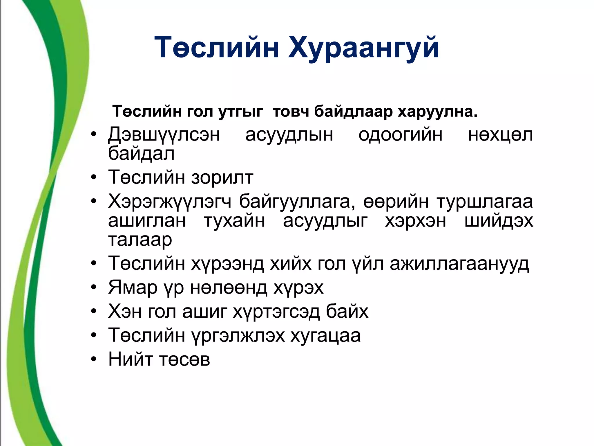Төслийн Хураангуй 
Төслийн гол утгыг товч байдлаар харуулна. 
• Дэвшүүлсэн асуудлын одоогийн нөхцөл 
байдал 
• Төслийн зорилт 
• Хэрэгжүүлэгч байгууллага, өөрийн туршлагаа 
ашиглан тухайн асуудлыг хэрхэн шийдэх 
талаар 
• Төслийн хүрээнд хийх гол үйл ажиллагаанууд 
• Ямар үр нөлөөнд хүрэх 
• Хэн гол ашиг хүртэгсэд байх 
• Төслийн үргэлжлэх хугацаа 
• Нийт төсөв 
 