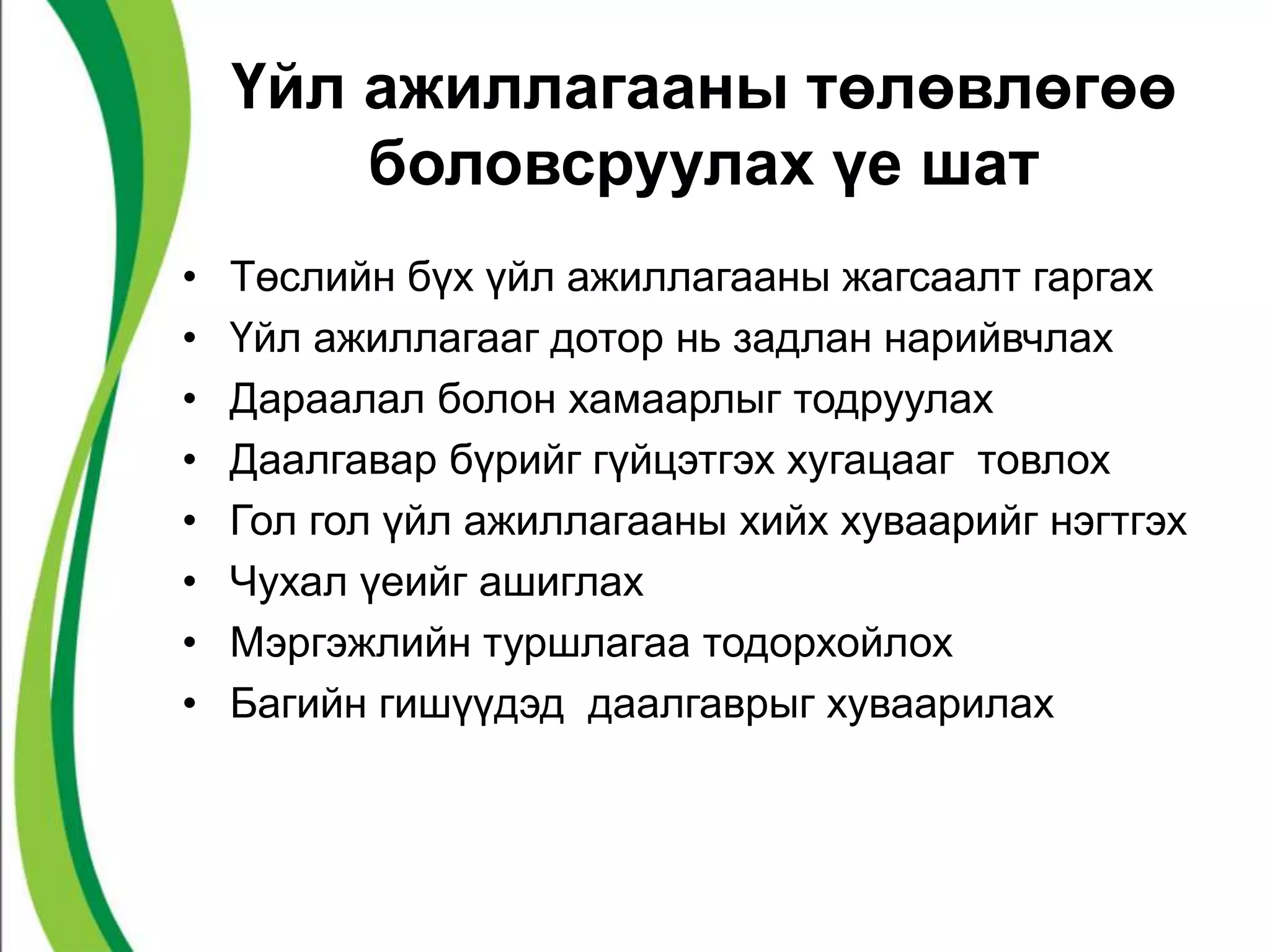 Үйл ажиллагааны төлөвлөгөө 
боловсруулах үе шат 
• Төслийн бүх үйл ажиллагааны жагсаалт гаргах 
• Үйл ажиллагааг дотор нь задлан нарийвчлах 
• Дараалал болон хамаарлыг тодруулах 
• Даалгавар бүрийг гүйцэтгэх хугацааг товлох 
• Гол гол үйл ажиллагааны хийх хуваарийг нэгтгэх 
• Чухал үеийг ашиглах 
• Мэргэжлийн туршлагаа тодорхойлох 
• Багийн гишүүдэд даалгаврыг хуваарилах 
 