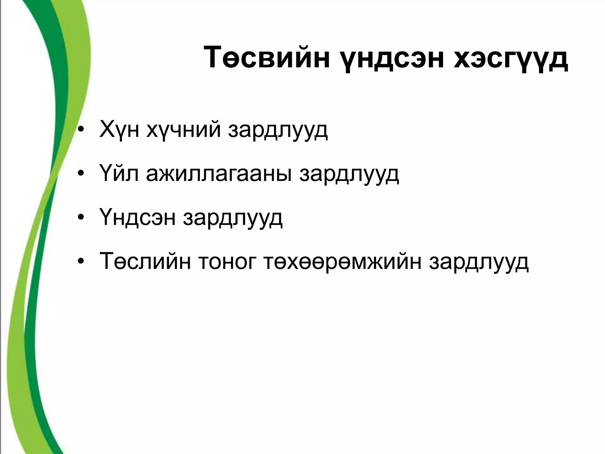Төсвийн үндсэн хэсгүүд 
• Хүн хүчний зардлууд 
• Үйл ажиллагааны зардлууд 
• Үндсэн зардлууд 
• Төслийн тоног төхөөрөмжийн зардлууд 
 