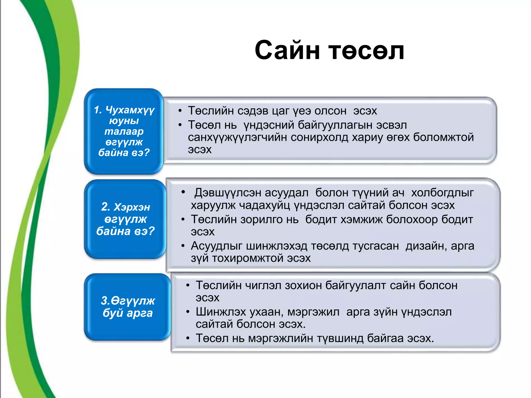 Сайн төсөл 
• Төслийн сэдэв цаг үеэ олсон эсэх 
• Төсөл нь үндэсний байгууллагын эсвэл 
санхүүжүүлэгчийн сонирхолд хариу өгөх боломжтой 
эсэх 
1. Чухамхүү 
юуны 
талаар 
өгүүлж 
байна вэ? 
• Дэвшүүлсэн асуудал болон түүний ач холбогдлыг 
харуулж чадахуйц үндэслэл сайтай болсон эсэх 
• Төслийн зорилго нь бодит хэмжиж болохоор бодит 
эсэх 
• Асуудлыг шинжлэхэд төсөлд тусгасан дизайн, арга 
зүй тохиромжтой эсэх 
2. Хэрхэн 
өгүүлж 
байна вэ? 
• Төслийн чиглэл зохион байгуулалт сайн болсон 
эсэх 
• Шинжлэх ухаан, мэргэжил арга зүйн үндэслэл 
сайтай болсон эсэх. 
• Төсөл нь мэргэжлийн түвшинд байгаа эсэх. 
3.Өгүүлж 
буй арга 
 