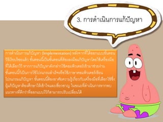 3. การดาเนินการแก้ปัญหา 
การดาเนินการแก้ปัญหา (Implementation) หลังจากที่ได้ออกแบบขัน้ตอน 
วิธีเรียบร้อยแล้ว ขัน้ตอนนีเ้ป็นขัน้ตอนที่ต้องลงมือแก้ปัญหาโดยใช้เครื่องมือ 
ที่ได้เลือกไว้ หากการแก้ปัญหาดังกล่าวใช้คอมพิวเตอร์เข้ามาช่วยง่าน 
ขัน้ตอนนีก้็เป็นการใช้โปรแกรมสาเร็จหรือใช้ภาษาคอมพิวเตอร์เขียน 
โปรแกรมแก้ปัญหา ขัน้ตอนนีต้้องอาศัยความรู้เกี่ยวกับเครื่องมือที่เลือกใช้ซงึ่ 
ผู้แก้ปัญหาต้องศึกษาให้เข้าใจและเชี่ยวชาญ ในขณะที่ดาเนินการหากพบ 
แนวทางที่ดีกว่าที่ออกแบบไว้ก็สามารถปรับเปลี่ยนได้ 
 
