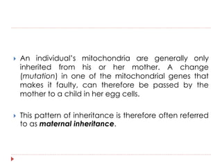 An individual’s mitochondria are generally only 
inherited from his or her mother. A change 
(mutation) in one of the mitochondrial genes that 
makes it faulty, can therefore be passed by the 
mother to a child in her egg cells. 
 This pattern of inheritance is therefore often referred 
to as maternal inheritance. 
 