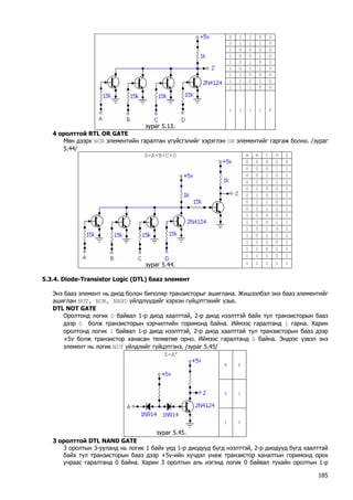 0 
1 
1 
0 
0 
0 
1 
1 
1 
0 
1 
0 
0 
0 
0 
1 
0 
0 
1 
0 
1 
0 
1 
0 
0 
1 
0 
1 
1 
0 
1 
1 
0 
0 
0 
1 
1 
0 
1 
0 
1 
1 
1 
0 
0 
зураг 5.13. 
1 
1 
1 
1 
0 
4 оролттой RTL OR GATE 
Мөн дээрх NOR элементийн гаралтан үгүйсгэлийг хэрэглэн OR элементийг гаргаж болно. /зураг 5.44/ 
A 
B 
C 
D 
Z 
0 
0 
0 
0 
0 
0 
0 
0 
1 
1 
0 
0 
1 
0 
1 
0 
0 
1 
1 
1 
0 
1 
0 
0 
1 
0 
1 
0 
1 
1 
0 
1 
1 
0 
1 
0 
1 
1 
1 
1 
1 
0 
0 
0 
1 
1 
0 
0 
1 
1 
1 
0 
1 
0 
1 
1 
0 
1 
1 
1 
1 
1 
0 
0 
1 
1 
1 
0 
1 
1 
1 
1 
1 
0 
1 
Z=A+B+C+D 
зураг 5.44. 
1 
1 
1 
1 
1 
5.3.4. Diode-Transistor Logic (DTL) бааз элемент 
Энэ бааз элемент нь диод болон биполяр транзисторыг ашиглана. Жишээлбэл энэ бааз элементийг ашиглан NOT, NOR, NAND үйлдлүүдийг хэрхэн гүйцэтгэхийг үзье. 
DTL NOT GATE 
Оролтонд логик 0 байвал 1-р диод хаалттай, 2-р диод нээлттэй байх тул транзисторын бааз дээр 0 болж транзисторын хэрчилтийн горимонд байна. Иймээс гаралтанд 1 гарна. Харин оролтонд логик 1 байвал 1-р диод нээлттэй, 2-р диод хаалттай тул транзисторын бааз дээр +5v болж транзистор ханасан төлөвтөө орно. Иймээс гаралтанд 0 байна. Эндээс үзвэл энэ элемент нь логик NOT үйлдлийг гүйцэтгэнэ. /зураг 5.45/ 
A 
Z 
0 
1 
Z=A’ 
зураг 5.45. 
1 
0 
3 оролттой DTL NAND GATE 
3 оролтын 3-ууланд нь логик 1 байх үед 1-р диодууд бүгд нээлттэй, 2-р диодууд бүгд хаалттай байх тул транзисторын бааз дээр +5v-ийн хүчдэл унаж транзистор ханалтын горимонд орох учраас гаралтанд 0 байна. Харин 3 оролтын аль нэгэнд логик 0 байвал тухайн оролтын 1-р 185 
 