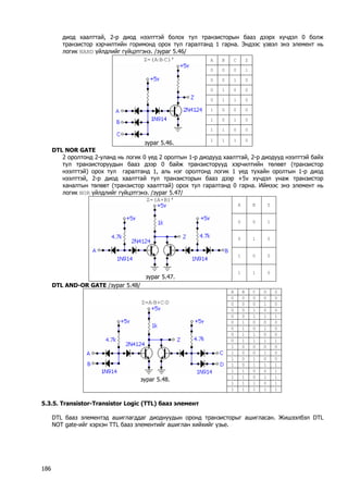 диод хаалттай, 2-р диод нээлттэй болох тул транзисторын бааз дээрх хүчдэл 0 болж транзистор хэрчилтийн горимонд орох тул гаралтанд 1 гарна. Эндээс үзвэл энэ элемент нь логик NAND үйлдлийг гүйцэтгэнэ. /зураг 5.46/ 
A 
B 
C 
Z 
0 
0 
0 
1 
0 
0 
1 
0 
0 
1 
0 
0 
0 
1 
1 
0 
1 
0 
0 
0 
1 
0 
1 
0 
1 
1 
0 
0 
Z=(A⋅B⋅C)’ 
зураг 5.46. 
1 
1 
1 
0 
DTL NOR GATE 
2 оролтонд 2-уланд нь логик 0 үед 2 оролтын 1-р диодууд хаалттай, 2-р диодууд нээлттэй байх тул транзисторуудын бааз дээр 0 байж транзисторууд хэрчилтийн төлөвт (транзистор нээлттэй) орох тул гаралтанд 1, аль нэг оролтонд логик 1 үед тухайн оролтын 1-р диод нээлттэй, 2-р диод хаалттай тул транзисторын бааз дээр +5v хүчдэл унаж транзистор ханалтын төлөвт (транзистор хаалттай) орох тул гаралтанд 0 гарна. Иймээс энэ элемент нь логик NOR үйлдлийг гүйцэтгэнэ. /зураг 5.47/ 
A 
B 
Z 
0 
0 
1 
0 
1 
0 
1 
0 
0 
Z=(A+B)’ 
зураг 5.47. 
1 
1 
0 
DTL AND-OR GATE /зураг 5.48/ 
A 
B 
C 
D 
Z 
0 
0 
0 
0 
0 
0 
0 
0 
1 
0 
0 
0 
1 
0 
0 
0 
0 
1 
1 
1 
0 
1 
0 
0 
0 
0 
1 
0 
1 
0 
0 
1 
1 
0 
0 
0 
1 
1 
1 
1 
1 
0 
0 
0 
0 
1 
0 
0 
1 
0 
1 
0 
1 
0 
0 
1 
0 
1 
1 
1 
1 
1 
0 
0 
1 
1 
1 
0 
1 
1 
1 
1 
1 
0 
1 
Z=A⋅B+C⋅D 
зураг 5.48. 
1 
1 
1 
1 
1 
5.3.5. Transistor-Transistor Logic (TTL) бааз элемент 
DTL бааз элементэд ашиглагддаг диоднуудын оронд транзисторыг ашигласан. Жишээлбэл DTL NOT gate-ийг хэрхэн TTL бааз элементийг ашиглан хийхийг үзье. 
186 
 