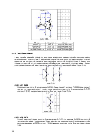 A 
B 
C 
Z 
0 
0 
0 
1 
0 
0 
1 
0 
0 
1 
0 
0 
0 
1 
1 
0 
1 
0 
0 
0 
1 
0 
1 
0 
1 
1 
0 
0 
Z=(A⋅B⋅C)’ 
зураг 5.53. 
1 
1 
1 
0 
TTL сери 
Тэмдэглэл 
Жишээ 
Standard TTL 
54 or 74 
7400 (quad NAND gate) 
Low power TTL 
54L or 74L 
74L00 (quad NAND gate) 
Schottky TTL 
54S or 74S 
74S00 (quad NAND gate) 
Low power Schottky TTL 
54LS or 74LS 
74LS00 (quad NAND gate) 
5.3.6. CMOS бааз элемент 
2 өөр төрлийн оронгийн транзистор ашигласан энэхүү бааз элемент сүүлийн жилүүдэд шинээр гарч ирсэн шинэ технологи юм. 2 өөр төрлийн транзистор ашигладаг тул оролтонд ямар ч сигнал ирсэн аль нэг нь хаалттай, нөгөө нь нээлттэй байдаг онцлогтой. Хэрэв оролтонд 0 байвал дээд транзистор хаалттай, доод транзистор нээлттэй байх учраас гаралтанд 1, оролтонд логик 1 байвал дээд транзистор нээлттэй, доод транзистор хаалттай байх тул гаралтанд 0 байна. /зураг 5.54/ 
зураг 5.54. 
CMOS NOT GATE 
Хэрэв оролтонд логик 0 сигнал ирвэл N-СMOS (доод талынх) нээгдэж, P-СMOS (дээд талынх) хаагдах тул гаралтанд логик 1 сигнал гарна. Харин оролтонд логик 1 сигнал ирэхэд N-СMOS нээгдэж, P-СMOS хаагдан гаралтанд логик 0 сигнал гарна. /зураг 5.55/ 
A 
Z 
0 
1 
Z=A’ 
зураг 5.55. 
1 
0 
CMOS NOR GATE 
Хэрэв 2 оролтонд 2-уланд нь логик 0 сигнал ирвэл N-СMOS-ууд хаагдаж, P-СMOS-ууд нээлттэй тул гаралтанд логик 1 сигнал гарна. Харин оролтын аль нэгэнд нь логик 1 сигнал ирвэл тухайн оролтонд хамаарах N-СMOS нээгдэж, P-СMOS хаагдан гаралтанд логик 0 сигнал гарна. /зураг 5.56/ 
188 
 