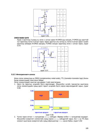 A 
B 
Z 
0 
0 
1 
0 
1 
0 
1 
0 
0 
Z=(A+B)’ 
зураг 5.56. 
1 
1 
0 
CMOS NAND GATE 
Хэрэв 2 оролтонд 2-уланд нь логик 1 сигнал ирвэл N-СMOS-ууд нээгдэж, P-СMOS-ууд хаалттай тул гаралтанд логик 0 сигнал гарна. Харин оролтын аль нэгэнд нь логик 0 сигнал ирвэл тухайн оролтонд хамаарах N-СMOS хаагдаж, P-СMOS нээгдэн гаралтанд логик 1 сигнал гарна. /зураг 5.57/ 
A 
B 
Z 
0 
0 
0 
0 
1 
0 
1 
0 
0 
Z=(A⋅B)’ 
зураг 5.57. 
1 
1 
1 
5.3.7. Интегралчлагч хэлхээ 
Ихэнх логик элементүүд нь CMOS (complementary metal oxide), TTL (transistor–transistor logic) болон бусад элементүүдийг ашигласан байдаг. 
Логик элементүүдийг ашиглах үед дараах 2 зүйл ажиглагдана. 
1. Оролт ба гаралтын хүчдлийн босго өөрчлөгддөг. Жишээлбэл энгийн транзистор ашигласан логик элементүүдийн хувьд оролт гаралт хүчдлийн босго хэрхэн өөрчлөгддөгийг харья. /зураг 5.58/ 
зураг 5.58. 
2. Үүнээс гадна сигнал Td хугацаагаар delay хийгддэг. Өөрөөр хэлбэл Td хугацаагаар хоцордог. Жишээлбэл инвертлэгч элементийн хувьд хэрхэн delay хийгддэгийг харья. Энэ Td нь TTL бааз элемент ашигласан инвертлэгчийн хувьд ойролцоогоор 10ns орчим байна. /зураг 5.59/ 
189 
 