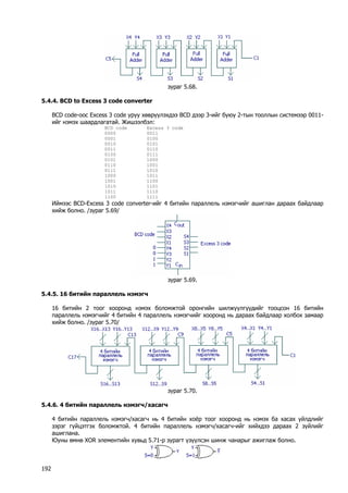 зураг 5.68. 
5.4.4. BCD to Excess 3 code converter 
BCD code-оос Excess 3 code уруу хөврүүлэхдээ BCD дээр 3-ийг буюу 2-тын тооллын системээр 0011- ийг нэмэх шаардлагатай. Жишээлбэл: 
BCD code Excess 3 code 
0000 0011 
0001 0100 
0010 0101 
0011 0110 
0100 0111 
0101 1000 
0110 1001 
0111 1010 
1000 1011 
1001 1100 
1010 1101 
1011 1110 
1100 1111 
Иймээс BCD-Excess 3 code converter-ийг 4 битийн параллель нэмэгчийг ашиглан дараах байдлаар хийж болно. /зураг 5.69/ 
зураг 5.69. 
5.4.5. 16 битийн параллель нэмэгч 
16 битийн 2 тоог хооронд нэмэх боломжтой оронгийн шилжүүлгүүдийг тооцсон 16 битийн параллель нэмэгчийг 4 битийн 4 параллель нэмэгчийг хооронд нь дараах байдлаар холбох замаар хийж болно. /зураг 5.70/ 
зураг 5.70. 
5.4.6. 4 битийн параллель нэмэгч/хасагч 
4 битийн параллель нэмэгч/хасагч нь 4 битийн хоёр тоог хооронд нь нэмэх ба хасах үйлдлийг зэрэг гүйцэтгэх боломжтой. 4 битийн параллель нэмэгч/хасагч-ийг хийхдээ дараах 2 зүйлийг ашиглана. 
Юуны өмнө XOR элементийн хувьд 5.71-р зурагт үзүүлсэн шинж чанарыг ажиглаж болно. 192 
 
