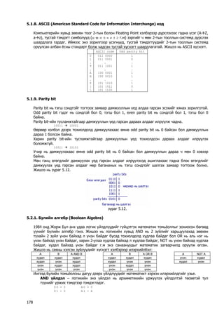 5.1.8. ASCII (American Standard Code for Information Interchange) код 
Компьютерийн хувьд зөвхөн тоог 2-тын болон Floating Point хэлбэрээр дүрслэхээс гадна үсэг (AÆZ, aÆz), тусгай тэмдэгт симболууд (α ϖ ∞ ≅ ≈ ≠ ± ≥ г.м) зэргийг ч мөн 2-тын тооллын системд дүрслэх шаардлага гардаг. Иймээс энэ зорилгоор үсэгнүүд, тусгай тэмдэгтүүдийг 2-тын тооллын системд оруулсан албан ёсны стандарт болж чадсан тусгай хүснэгт шаардлагатай. Жишээ нь ASCII хүснэгт. 
ASCII code 
Odd parity bit 
0 
1 
. 
9 
. 
A 
B 
. 
Z 
[ 
 
011 0000 
011 0001 
. 
011 1001 
. 
100 0001 
100 0010 
. 
101 1010 
101 1011 
101 1100 
1 
0 
. 
1 
. 
1 
1 
. 
1 
0 
1 
5.1.9. Parity bit 
Parity bit нь тэгш сондгойг тогтоох замаар дамжууллын үед алдаа гарсан эсэхийг хянах зорилготой. Odd parity bit гэдэг нь сондгой бол 0, тэгш бол 1, even parity bit нь сондгой бол 1, тэгш бол 0 байна. 
Parity bit-ийн тусламжтайгаар дамжууллын үед гарсан дараах алдааг илрүүлж чадна. 
10011 Æ 10001 
Өөрөөр хэлбэл дээрх тохиолдолд дамжуулахаас өмнө odd parity bit нь 0 байсан бол дамжууллын дараа 1 болсон байна. 
Харин parity bit-ийн тусламжтайгаар дамжууллын үед тохиолдсон дараах алдааг илрүүлэх боломжгүй. 
10011 Æ 10101 
Учир нь дамжуулахаас өмнө odd parity bit нь 0 байсан бол дамжууллын дараа ч мөн 0 хэвээр байна. 
Мөн ганц өгөгдлийг дамжуулах үед гарсан алдааг илрүүлэхэд ашиглахаас гадна блок өгөгдлийг дамжуулах үед гарсан алдааг мөр багананых нь тэгш сондгойг шалгах замаар тогтоож болно. Жишээ нь зураг 5.12. 
зураг 5.12. 
5.2.1. Булийн алгебр (Boolean Algebra) 
1984 онд Жорж Бул анх удаа логик үйлдлүүдийг гүйцэтгэх математик томьёоллыг зохиосон бөгөөд үүнийг Булийн алгебр гэнэ. Жишээ нь логикийн хувьд AND нь 2 зүйлийг харьцуулахад зөвхөн тухайн 2 зүйл үнэн байхад л үнэн байдаг бусад тохиолдолд худлаа байдаг бол OR нь аль нэг нь үнэн байхад үнэн байдаг, харин 2-улаа худлаа байхад л худлаа байдаг, NOT нь үнэн байхад худлаа байдаг, худал байхад үнэн байдаг г.м энэ санаануудыг математик загварчилд оруулж өгсөн. Жишээ нь саяны хэлсэн зүйлүүдийг хүснэгт хэлбэрээр илэрхийлбэл: 
A 
B 
A AND B 
A 
B 
A OR B 
A 
NOT A 
худал 
худал 
худал 
худал 
худал 
худал 
үнэн 
худал 
худал 
үнэн 
худал 
худал 
үнэн 
үнэн 
худал 
үнэн 
үнэн 
худал 
худал 
үнэн 
худал 
үнэн 
үнэн 
үнэн 
үнэн 
үнэн 
үнэн 
үнэн 
Ингээд Булийн томьёолсны дагуу дээрх үйлдлүүдийг математикт хэрхэн илэрхийлдгийг үзье. 
AND үйлдэл – логикийн энэ үйлдэл нь архиметикийн үржүүлэх үйлдэлтэй төсөөтэй тул түүнийг үржих тэмдгээр тэмдэглэдэг. 
0⋅0 = 0 A⋅0 = 0 
0⋅1 = 0 A⋅1 = A 
178 
 