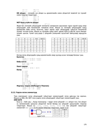 1⋅0 = 0 A⋅A = A 
1⋅1 = 1 A⋅A’ = 0 
OR үйлдэл – логикийн энэ үйлдэл нь архиметикийн нэмэх үйлдэлтэй төсөөтэй тул түүнийг нэмэх тэмдгээр тэмдэглэдэг. 
0+0 = 0 A+0 = A 
0+1 = 1 A+1 = 1 
1+0 = 1 A+A = A 
1+1 = 1 A+A’= 1 
NOT буюу үгүйсгэх үйлдэл 
0’= 1 1’= 0 A’’= A 
Жорж Бул логикийн үйлдлүүдийг математик загварчилж оруулахаас гадна тэдний хувьд ямар үйлдлүүдийг хийх боломжтойг томъёолж өгсөн. Жишээ нь логикийн үйлдлүүдийн хувьд архиметийн байр сэлгэх, бүлэглэх, хаалт задлах зэрэг үйлдлүүдийг гүйцэтгэх боломжтой эсэхийг тогтоож өгсөн. Жишээ нь логикийн хувьд хаалт задлах A(B+C)=AB+AC хууль биелдэг эсэхийг шалгая. Үүний тулд дээрх 2 үйлдлийн үнэмшлийн хүснэгтийг байгуулаад харьцуулж үзье. 
A 
B 
C 
B+C 
A(B+C) 
A 
B 
C 
AB 
AC 
AB+AC 
0 
0 
0 
0 
0 
0 
0 
0 
0 
0 
0 
0 
0 
1 
1 
0 
0 
0 
1 
0 
0 
0 
0 
1 
0 
1 
0 
0 
1 
0 
0 
0 
0 
0 
1 
1 
1 
0 
0 
1 
1 
0 
0 
0 
1 
0 
0 
0 
0 
1 
0 
0 
1 
0 
0 
1 
0 
1 
1 
1 
1 
0 
1 
1 
1 
1 
1 
1 
0 
1 
1 
1 
1 
0 
1 
0 
1 
1 
1 
1 
1 
1 
1 
1 
1 
1 
1 
1 
Ингээд логик үйлдлүүдийн хувьд архиметикийн ямар хуулиуд хүчин төгөлдөр болохыг үзье. 
Бүлэглэх 
(A·B)·C = A·(B·C) = A·B·C 
(A+B)+C = A+(B+C) = A+B+C 
Байр сэлгэх 
A·B = B·A = AB 
A+B = B+A 
Хаалт задлах 
A·(B+C) = (A·B) + (A·C) 
Бусад 
A = A+0 
A = A+1 
A = A+A 
A = A+AA’ 
A = A+AB 
A = A·1 
A = A·A 
A = A·(A+B) 
A+B = A +⎯AB 
A+BC = (A+B) · (A+C) 
Морганы теорем (DeMorgan's Theorem) 
(A·B)' = A' + B' (NAND) 
(A+B)' = A' · B' (NOR) 
5.2.2. Үндсэн логик элементүүд 
Тоон электроникт логик үйлдлүүдийг гүйцэтгэдэг элементүүдийг логик gate-үүд гэж нэрлэнэ. Жишээ нь AND, OR, NOT гэсэн үндсэн логик үйлдлүүдийг гүйцэтгэдэг элементүүдийг үзье. 
AND GATE 
Бүгд нь 1 байх үед 1, бусад тохиолдолд 0 гардаг логик үйлдлийг AND үйлдэл гэнэ. Энэ үйлдэл нь математикийн үржүүлэх үйлдэлтэй төстэй бөгөөд энэ үйлдлийг үржүүлэхийн тэмдгээр тэмдэглэдэг. Жишээ нь: 1⋅1=1, 1⋅0=0, 0⋅1=0, 0⋅0=0 г.м. Энэ үйлдлийг гүйцэтгэдэг элементийг AND GATE гэх ба дараах байдлаар тэмдэглэнэ. /зураг 5.13/ 
A 
B 
A AND B 
0 
0 
0 
0 
1 
0 
1 
0 
0 
зураг 5.13. 
1 
1 
1 
179 
 