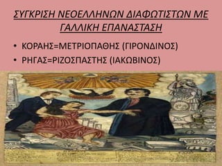 ΣΥΓΚΡΙΣΗ ΝΕΟΕΛΛΗΝΩΝ ΔΙΑΦΩΤΙΣΤΩΝ ΜΕ 
ΓΑΛΛΙΚΗ ΕΠΑΝΑΣΤΑΣΗ 
• ΚΟΡΑΗΣ=ΜΕΤΡΙΟΠΑΘΗΣ (ΓΙΡΟΝΔΙΝΟΣ) 
• ΡΗΓΑΣ=ΡΙΖΟΣΠΑΣΤΗΣ (ΙΑΚΩΒΙΝΟΣ) 
 