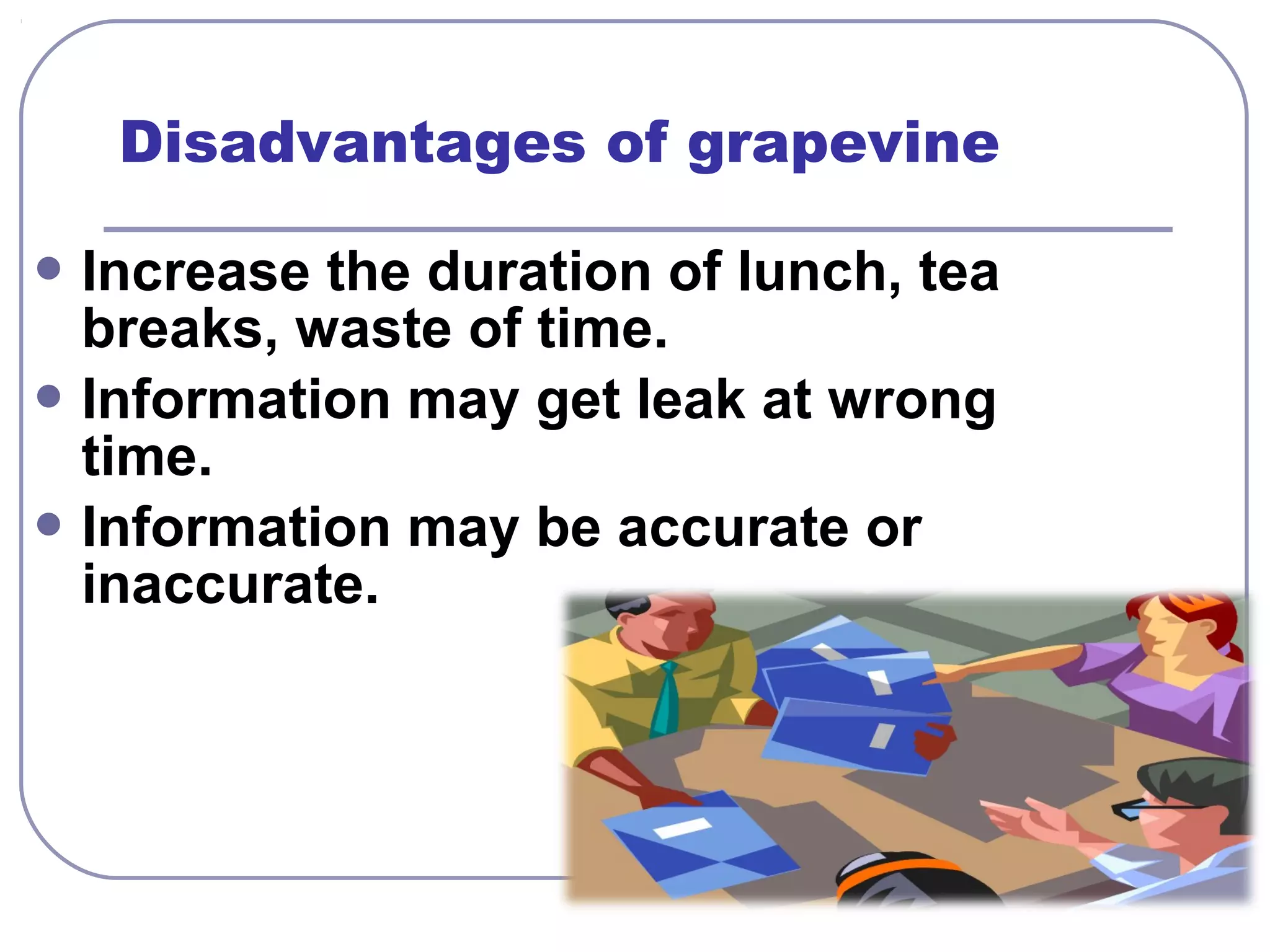 Disadvantages of grapevine 
Increase the duration of lunch, tea 
breaks, waste of time. 
Information may get leak at wrong 
time. 
Information may be accurate or 
inaccurate. 
 