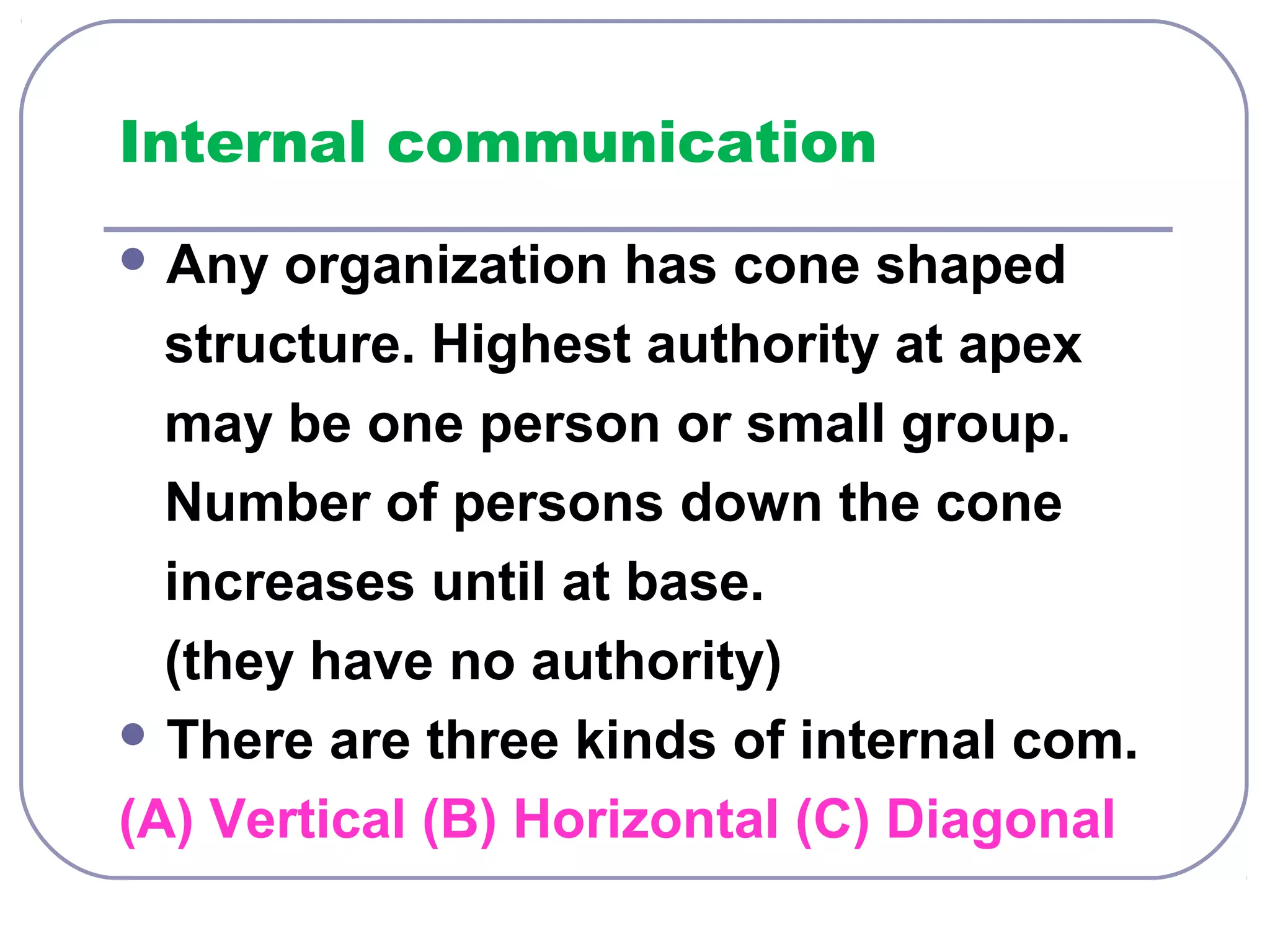Internal communication 
Any organization has cone shaped 
structure. Highest authority at apex 
may be one person or small group. 
Number of persons down the cone 
increases until at base. 
(they have no authority) 
There are three kinds of internal com. 
(A) Vertical (B) Horizontal (C) Diagonal 
 
