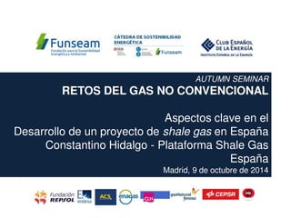 AUTUMN SEMINAR
RETOS DEL GAS NO CONVENCIONAL
Aspectos clave en el
Desarrollo de un proyecto de shale gas en España
Constantino Hidalgo - Plataforma Shale Gas
España
Madrid, 9 de octubre de 2014
 