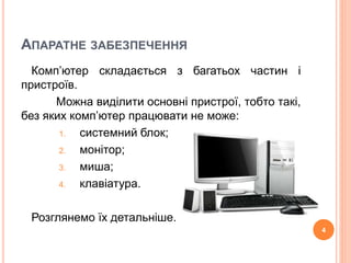 АПАРАТНЕ ЗАБЕЗПЕЧЕННЯ 
Комп’ютер складається з багатьох частин і 
пристроїв. 
Можна виділити основні пристрої, тобто такі, 
без яких комп’ютер працювати не може: 
1. системний блок; 
2. монітор; 
3. миша; 
4. клавіатура. 
Розглянемо їх детальніше. 
4 
 