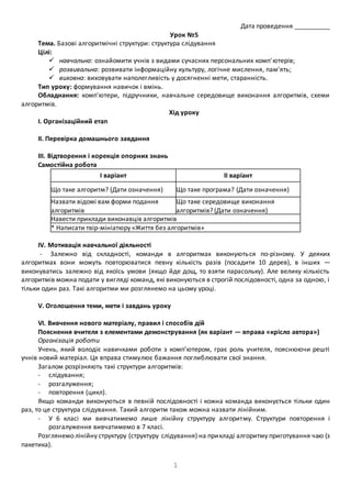 1 
Дата проведення __________ 
Урок №5 
Тема. Базові алгоритмічні структури: структура слідування 
Цілі: 
 навчальна: ознайомити учнів з видами сучасних персональних комп' ютерів; 
 розвивальна: розвивати інформаційну культуру, логічне мислення, пам'ять; 
 виховна: виховувати наполегливість у досягненні мети, старанність. 
Тип уроку: формування навичок і вмінь. 
Обладнання: комп'ютери, підручники, навчальне середовище виконання алгоритмів, схеми 
алгоритмів. 
Хід уроку 
І. Організаційний етап 
ІІ. Перевірка домашнього завдання 
ІІІ. Відтворення і корекція опорних знань 
Самостійна робота 
І варіант ІІ варіант 
Що таке алгоритм? (Дати означення) Що таке програма? (Дати означення) 
Назвати відомі вам форми подання 
Що таке середовище виконання 
алгоритмів 
алгоритмів? (Дати означення) 
Навести приклади виконавців алгоритмів 
* Написати твір-мініатюру «Життя без алгоритмів» 
IV. Мотивація навчальної діяльності 
- Залежно від складності, команди в алгоритмах виконують ся по-різному. У деяких 
алгоритмах вони можуть повторюватися певну кількість разів (посадити 10 дерев), в інших — 
виконуватись залежно від якоїсь умови (якщо йде дощ, то взяти парасольку). Але велику кількість 
алгоритмів можна подати у вигляді команд, які виконуються в строгій послідовності, одна за одною, і 
тільки один раз. Такі алгоритми ми розглянемо на цьому уроці. 
V. Оголошення теми, мети і завдань уроку 
VI. Вивчення нового матеріалу, правил і способів дій 
Пояснення вчителя з елементами демонстрування (як варіант — вправа «крісло автора») 
Організація роботи 
Учень, який володіє навичками роботи з комп’ютером, грає роль учителя, пояснюючи решті 
учнів новий матеріал. Ця вправа стимулює бажання поглиблювати свої знання. 
Загалом розрізняють такі структури алгоритмів: 
- слідування; 
- розгалуження; 
- повторення (цикл). 
Якщо команди виконуються в певній послідовності і кожна команда виконується тільки один 
раз, то це структура слідування. Такий алгоритм також можна назвати лінійним. 
- У 6 класі ми вивчатимемо лише лінійну структуру алгоритму. Структури повторення і 
розгалуження вивчатимемо в 7 класі. 
Розглянемо лінійну структуру (структуру слідування) на при кладі алгоритму приготування чаю (з 
пакетика). 
 