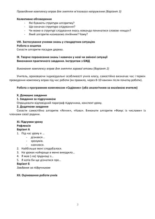 Проведення комплексу вправ для зняття м'язового напруження (Варіант 3) 
3 
Колективне обговорення 
- Які бувають структури алгоритму? 
- Що означає структура слідування? 
- Чи може в структурі слідування якась команда починатися словом «якщо»? 
- Який алгоритм називаємо лінійним? Чому? 
VIII. Застосування учнями знань у стандартних ситуаціях 
Робота в зошитах 
Скласти алгоритм посадки дерева. 
IX. Творче перенесення знань і навичок у нові чи змінені ситуації 
Виконання практичного завдання. Інструктаж з БЖД 
Виконання комплексу вправ для зняття зорової втоми (Варіант 2) 
Учитель, враховуючи індивідуальні особливості учнів класу, самостійно визначає час і термін 
проведення комплексу вправ під час роботи (як правило, через 8-10 хвилин після початку роботи). 
Робота з програмним комплексом «Садівник» (або аналогічним за вказівкою вчителя) 
Х. Домашнє завдання 
1. Завдання за підручником 
Опрацювати відповідний параграф підручника, конспект уроку. 
2. Додаткове завдання 
Скласти самостійно алгоритм «Яєчня», «Кава». Виконати алгоритм «Фокус із числами» із 
членами своєї родини. 
ХІ. Підсумки уроку 
Рефлексія 
Варіант А 
1. Під час уроку я … 
- дізнався... 
- зрозумів. 
- навчився. 
2. Найбільше мені сподобалося. 
3. На уроках найкраще в мене виходило… 
4. Я мав (-ла) труднощі з… 
5. Я хотів би ще дізнатися про… 
Варіант Б 
Завдання за підручником 
ХІІ. Оцінювання роботи учнів 
