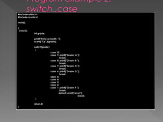 #include<stdio.h> 
#include<conio.h> 
main() 
{ 
clrscr(); 
int grade; 
printf("Enter a month :"); 
scanf("%d",&grade); 
switch(grade) 
{ 
case 10: 
case 9: printf("Grade: A "); 
break; 
case 8: printf("Grade: B "); 
break; 
case 7: printf("Grade: C "); 
break; 
case 6: printf("Grade: D "); 
break; 
case 5: 
case 4: 
case 3: 
case 2: 
case 1: printf("Grade: F "); 
break; 
default: printf("error!"); 
break; 
} 
return 0; 
} 
 