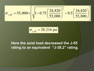 Here the axial load decreased the J-55 
rating to an equivalent “J-38.2” rating. 
,38216 psiyeff,σ= 2,24,82024,82055,00010.750.555,00055,000yeffσ =×−− 
73 
 