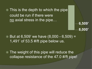  
This is the depth to which the pipe 
could be run if there werenoaxial stress in the pipe… 
 
But at 6,509’ we have (8,000 -6,509) = 1,491’ of 53.5 #/ft pipe below us. 
 
The weight of this pipe will reduce the collapse resistance of the 47.0 #/ft pipe! 
8,000’ 
6,509’  