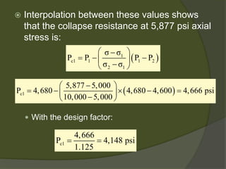  
Interpolation between these values shows that the collapse resistance at 5,877 psi axial stress is: 
 
With the design factor: 
()1c111221σσPPPPσσ − =−−− ()c15,8775,000P4,6804,6804,6004,666 psi10,0005,000−=−×−=− c14,666P4,148 psi1.125==  